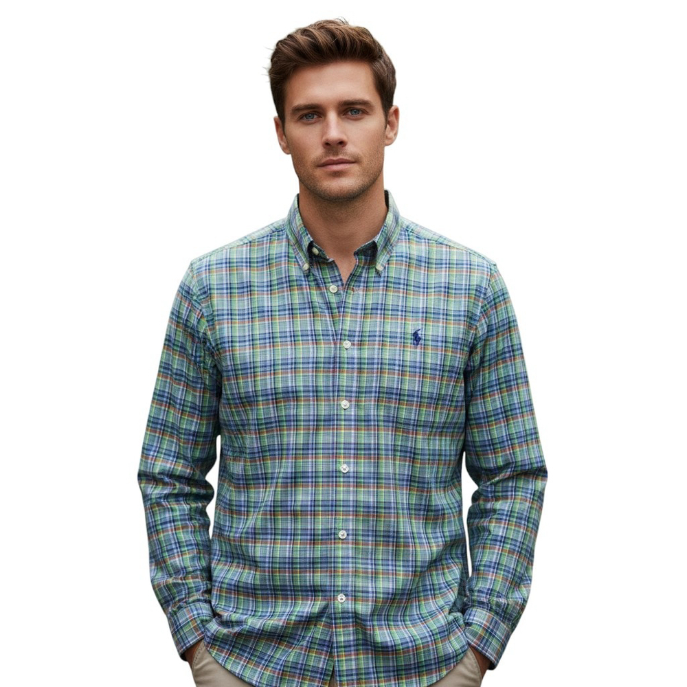 Ralph Lauren Button Down Shirt Mens L Green Plaid Classic Long Sleeve Blue Label